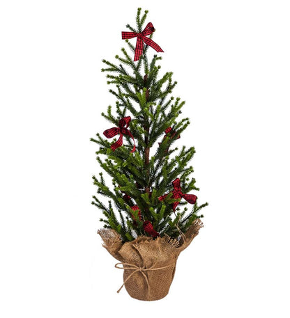 Plow & Hearth Home Accents Indoor Living Plaid Bows 29" Artificial Lighted Tree In Burlap Pot
