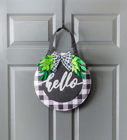 Plow & Hearth Home Accents Indoor Living Buffalo Check Green Foliage Hello Hanging Door DÉCor