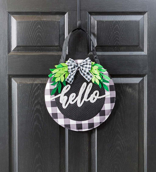 Plow & Hearth Home Accents Indoor Living Buffalo Check Green Foliage Hello Hanging Door DÉCor