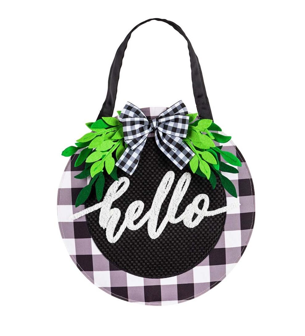 Plow & Hearth Home Accents Indoor Living Buffalo Check Green Foliage Hello Hanging Door DÉCor