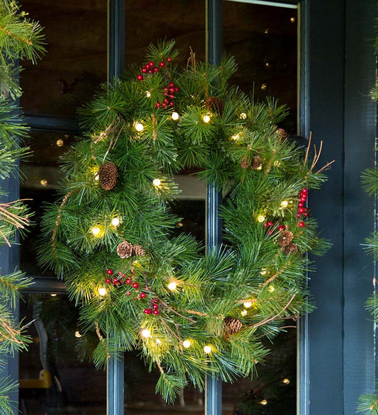 Plow & Hearth Home Accents Indoor Living Indoor/Outdoor Blue Ridge Wreath With Battery-Operated Dual-Function Lights, 30" Dia.