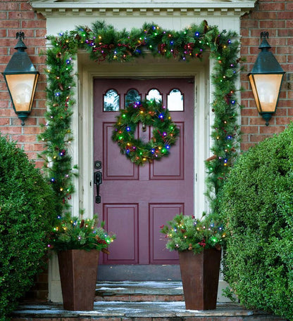 Plow & Hearth Home Accents Indoor Living Indoor/Outdoor Blue Ridge Wreath With Battery-Operated Dual-Function Lights, 30" Dia.