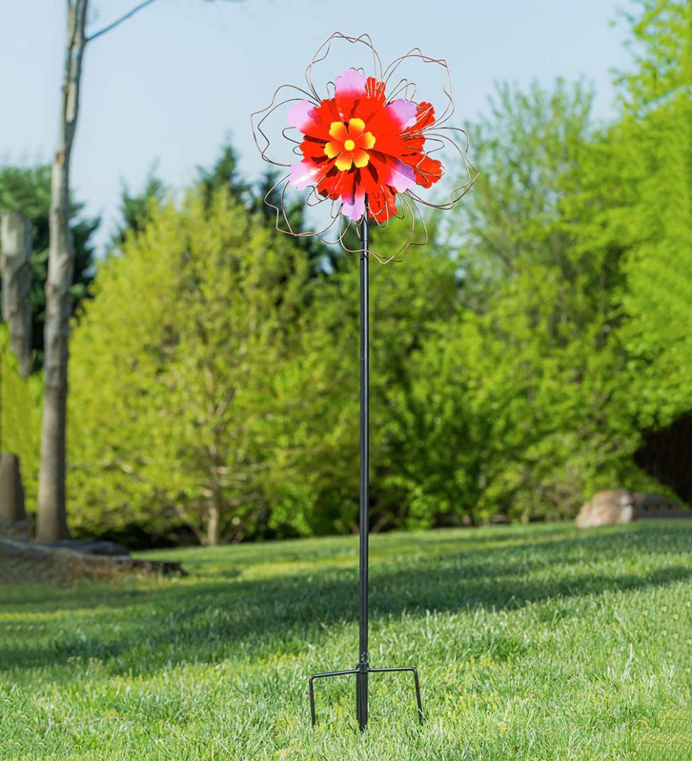 Plow & Hearth Decorative Garden Accents Yard & Garden 75"H Pink Floral Metal Wind Spinner