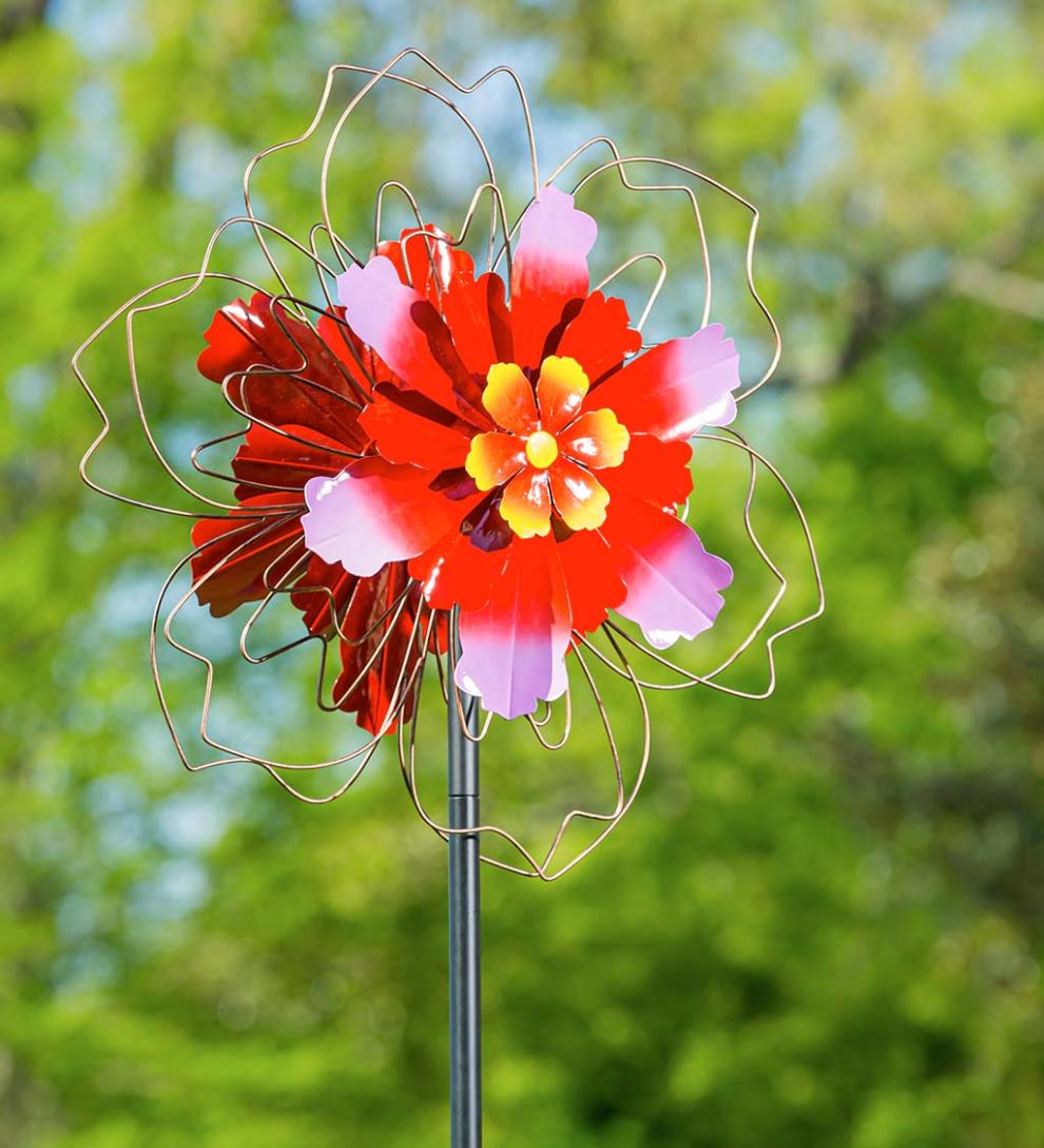 Plow & Hearth Decorative Garden Accents Yard & Garden 75"H Pink Floral Metal Wind Spinner