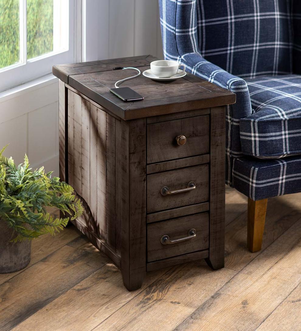 Plow & Hearth Accent Tables Indoor Living Cape Charles Reclaimed Barnwood Power Station Side Table With Usb Ports - Barnwood
