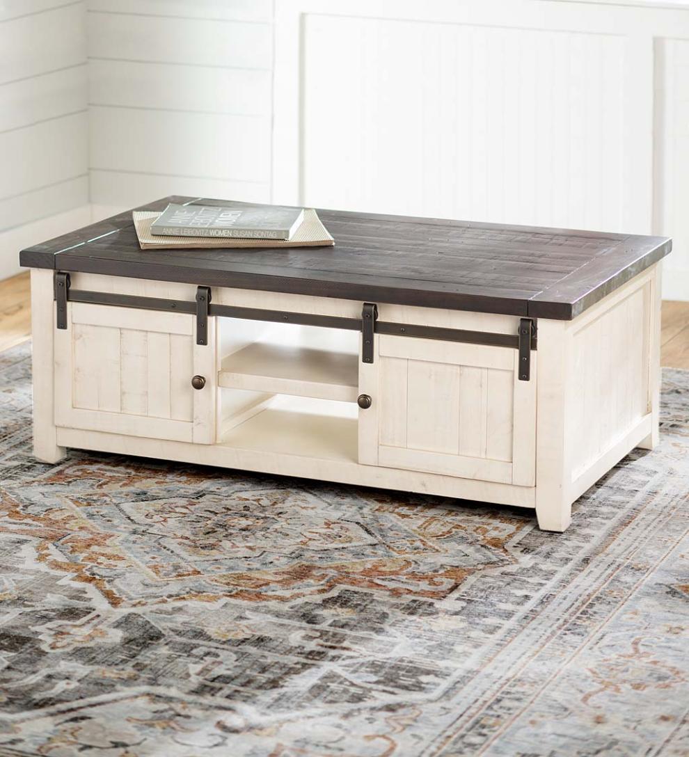 Plow & Hearth Accent Tables Indoor Living Cape Charles Reclaimed Wood Coffee/Cocktail Table With Sliding Barn Doors - White