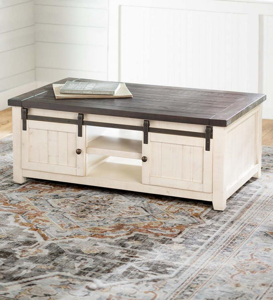 Plow & Hearth Accent Tables Indoor Living Cape Charles Reclaimed Wood Coffee/Cocktail Table With Sliding Barn Doors - White