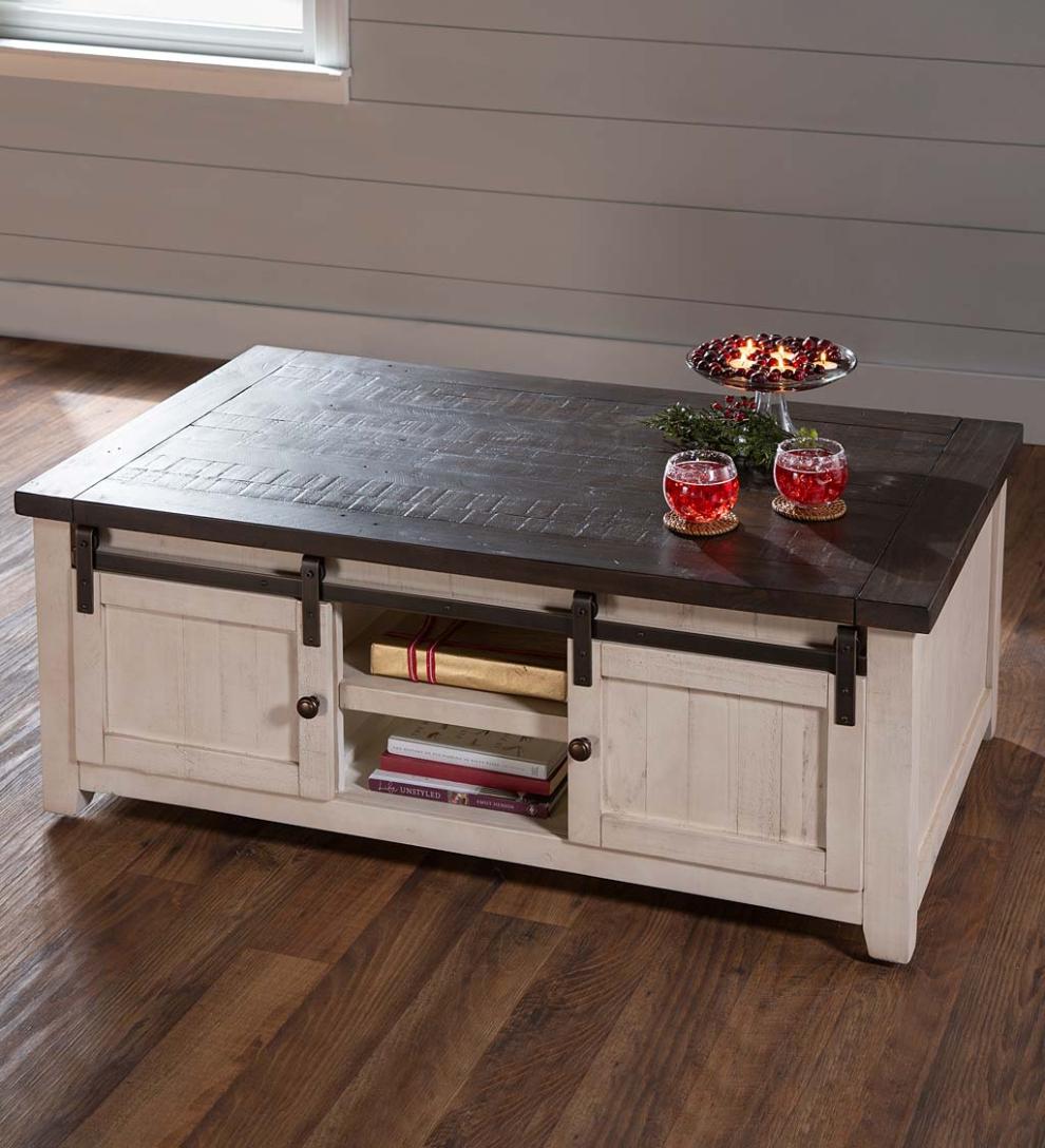 Plow & Hearth Accent Tables Indoor Living Cape Charles Reclaimed Wood Coffee/Cocktail Table With Sliding Barn Doors - White
