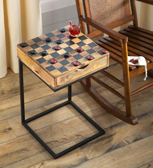 Plow & Hearth Accent Tables Indoor Living Checkerboard Pull-Up Side Table With Game Pieces