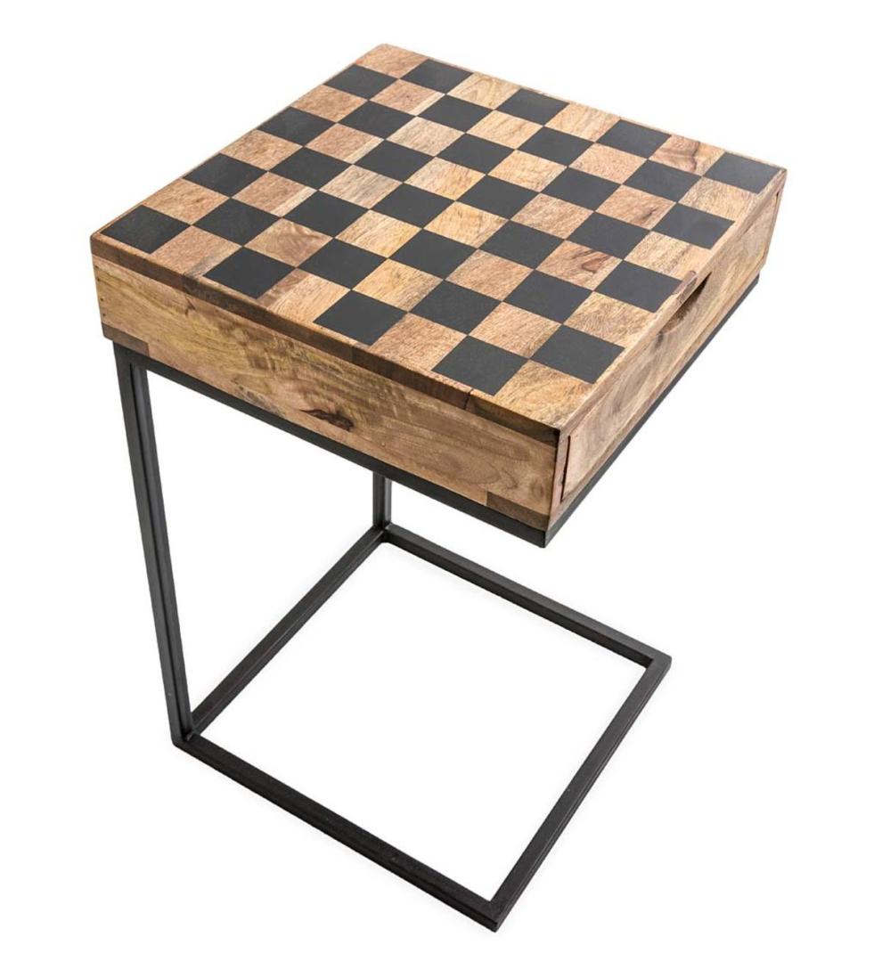 Plow & Hearth Accent Tables Indoor Living Checkerboard Pull-Up Side Table With Game Pieces