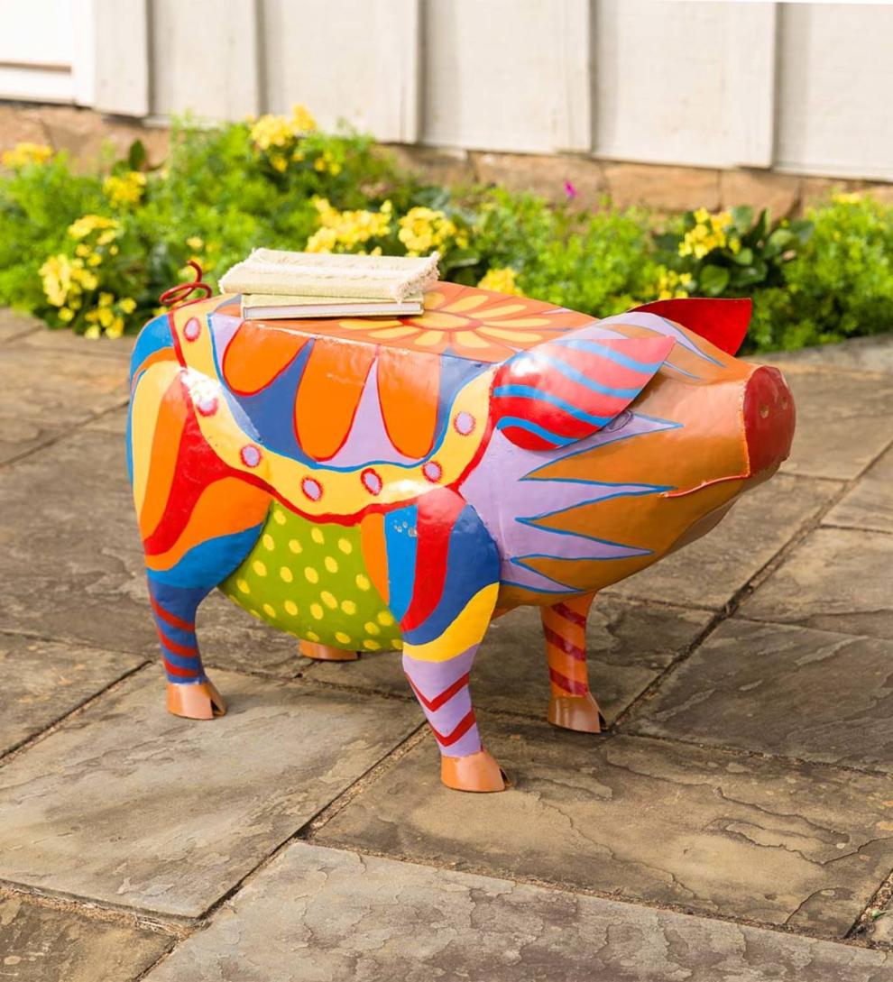 Plow & Hearth Accent Tables Indoor Living Colorful Folk Art Pig Side Table