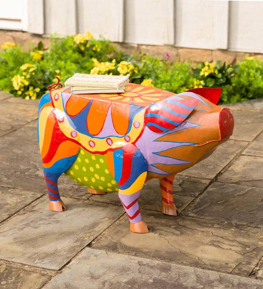 Plow & Hearth Accent Tables Indoor Living Colorful Folk Art Pig Side Table