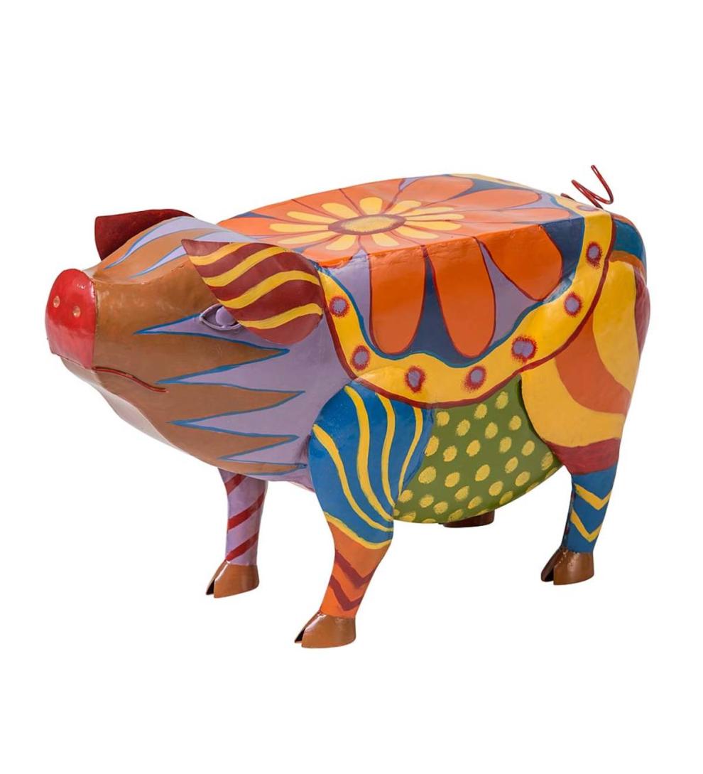 Plow & Hearth Accent Tables Indoor Living Colorful Folk Art Pig Side Table