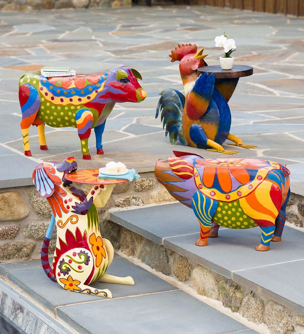 Plow & Hearth Accent Tables Indoor Living Colorful Folk Art Pig Side Table