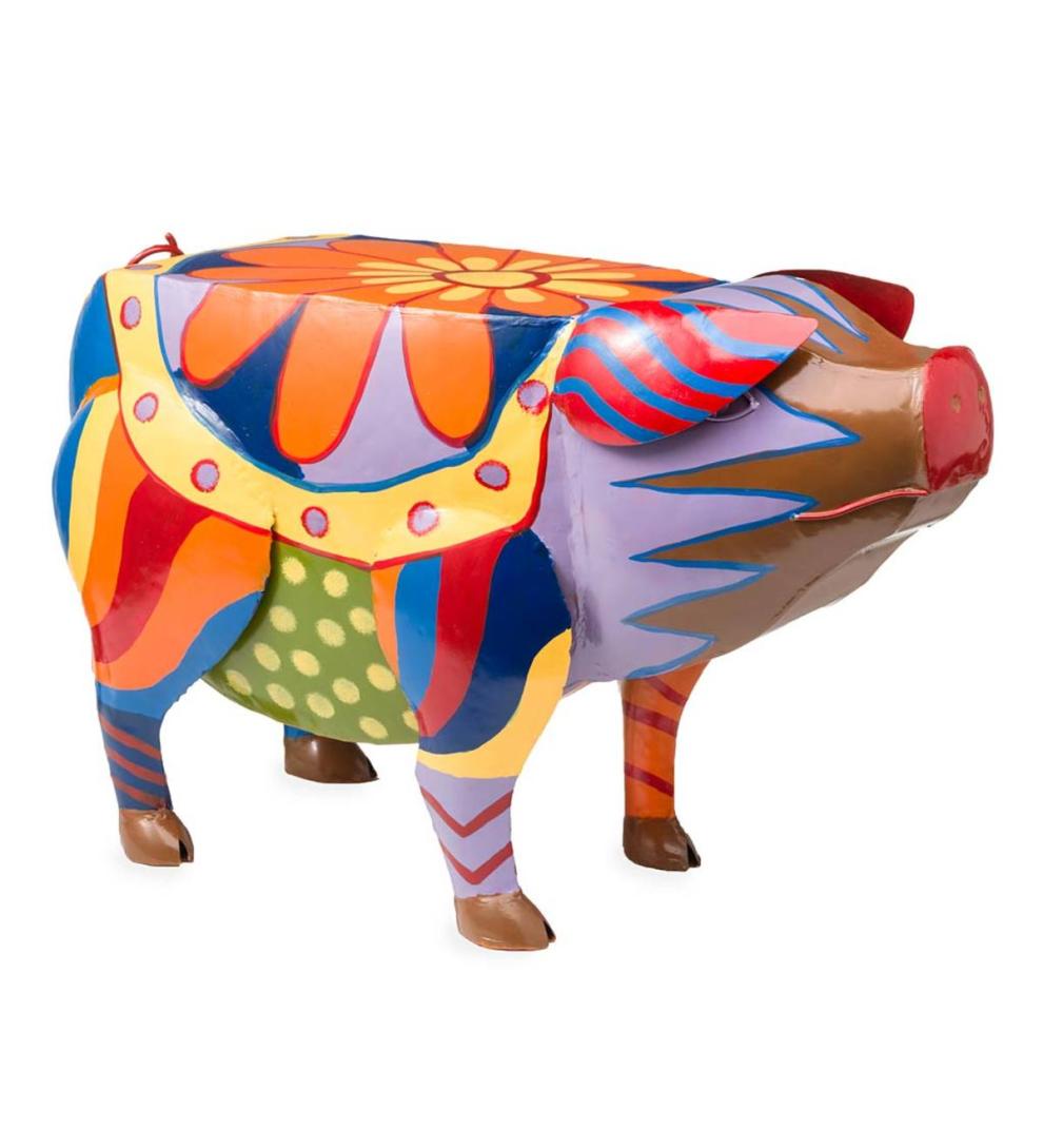 Plow & Hearth Accent Tables Indoor Living Colorful Folk Art Pig Side Table