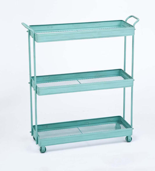 Plow & Hearth Accent Tables Indoor Living Distressed Blue Three-Tier Metal Cart With Wheels