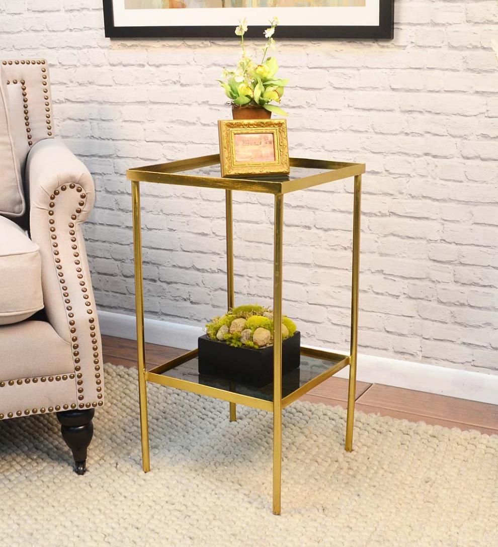 Plow & Hearth Accent Tables Indoor Living Gold And Black Square Accent Table With Shelf - Black/Gold