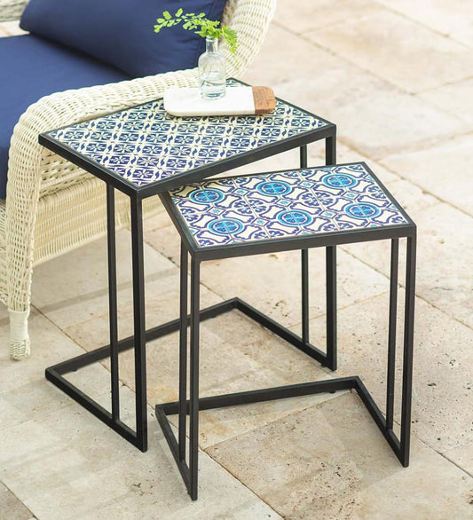 Plow & Hearth Accent Tables Indoor Living Handmade Ceramic Tile Nesting Tables, Set Of 2