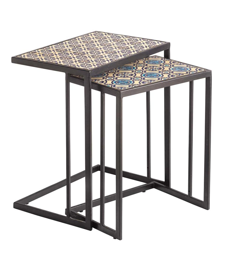 Plow & Hearth Accent Tables Indoor Living Handmade Ceramic Tile Nesting Tables, Set Of 2