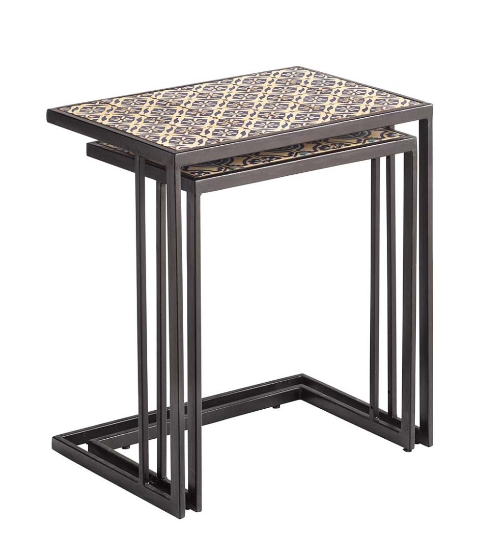 Plow & Hearth Accent Tables Indoor Living Handmade Ceramic Tile Nesting Tables, Set Of 2
