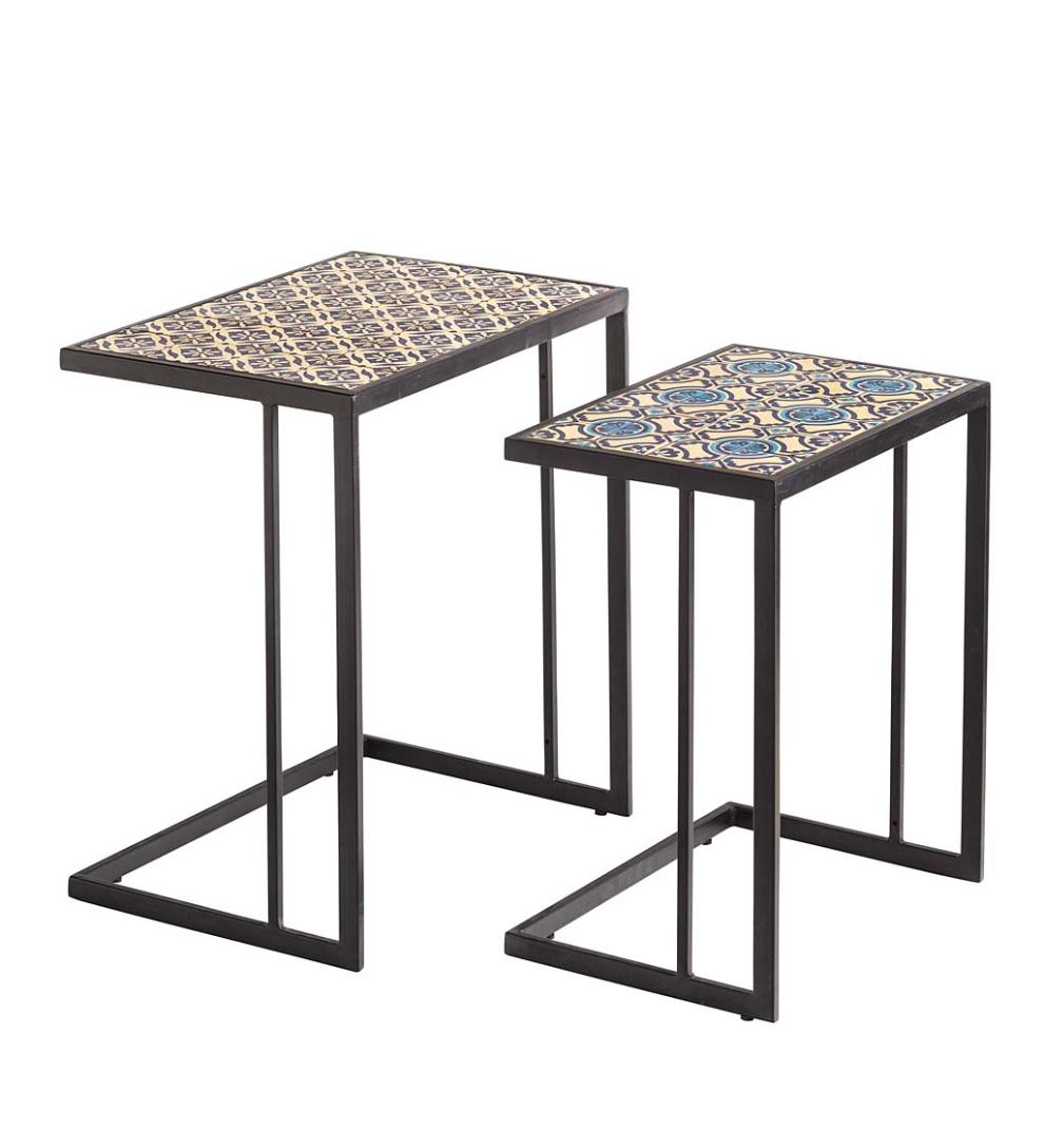 Plow & Hearth Accent Tables Indoor Living Handmade Ceramic Tile Nesting Tables, Set Of 2
