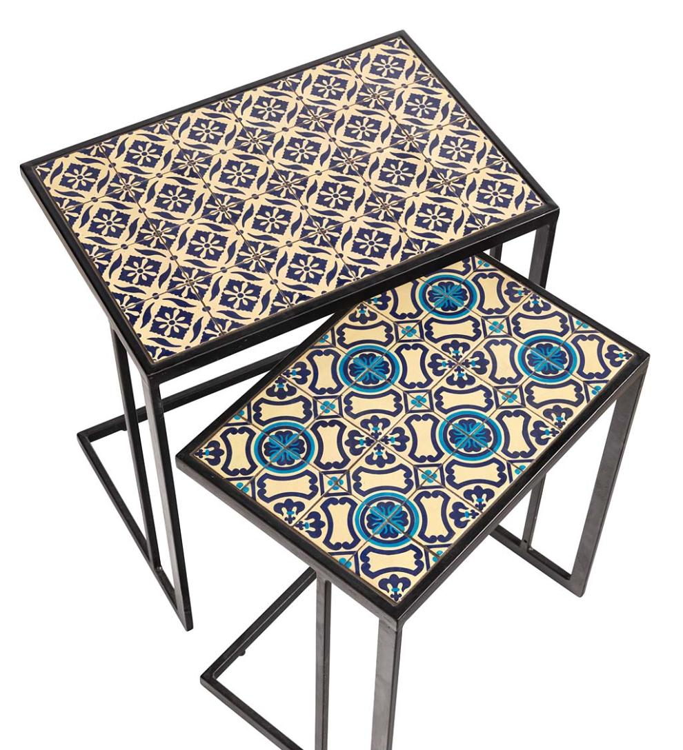 Plow & Hearth Accent Tables Indoor Living Handmade Ceramic Tile Nesting Tables, Set Of 2