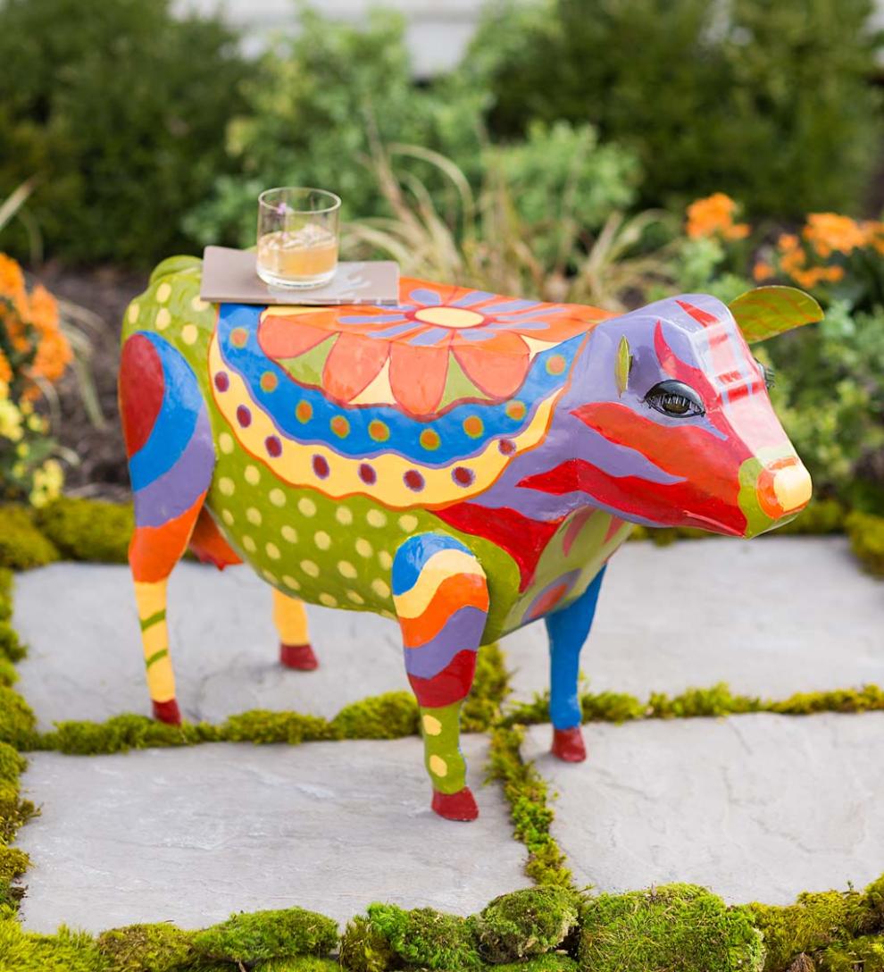 Plow & Hearth Accent Tables Indoor Living Handmade Colorful Painted Folk Art Cow Metal Side Table