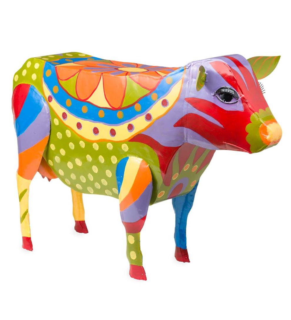 Plow & Hearth Accent Tables Indoor Living Handmade Colorful Painted Folk Art Cow Metal Side Table