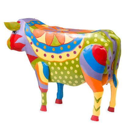 Plow & Hearth Accent Tables Indoor Living Handmade Colorful Painted Folk Art Cow Metal Side Table