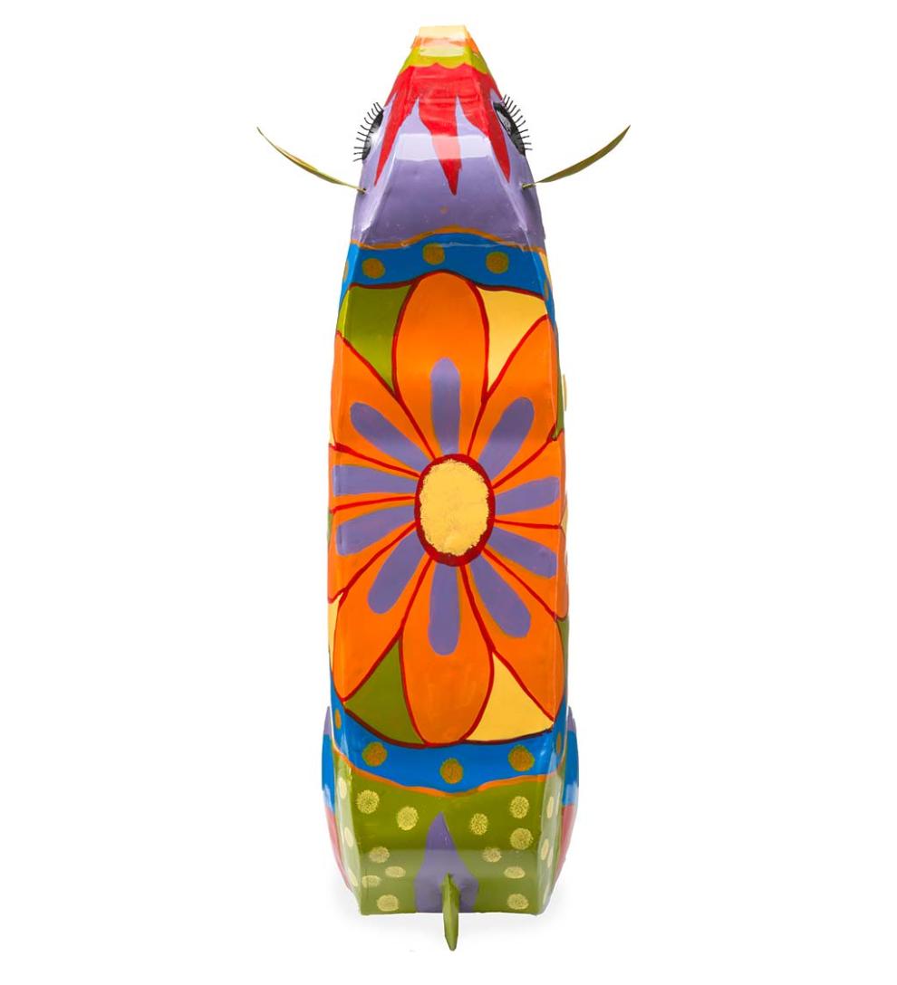 Plow & Hearth Accent Tables Indoor Living Handmade Colorful Painted Folk Art Cow Metal Side Table