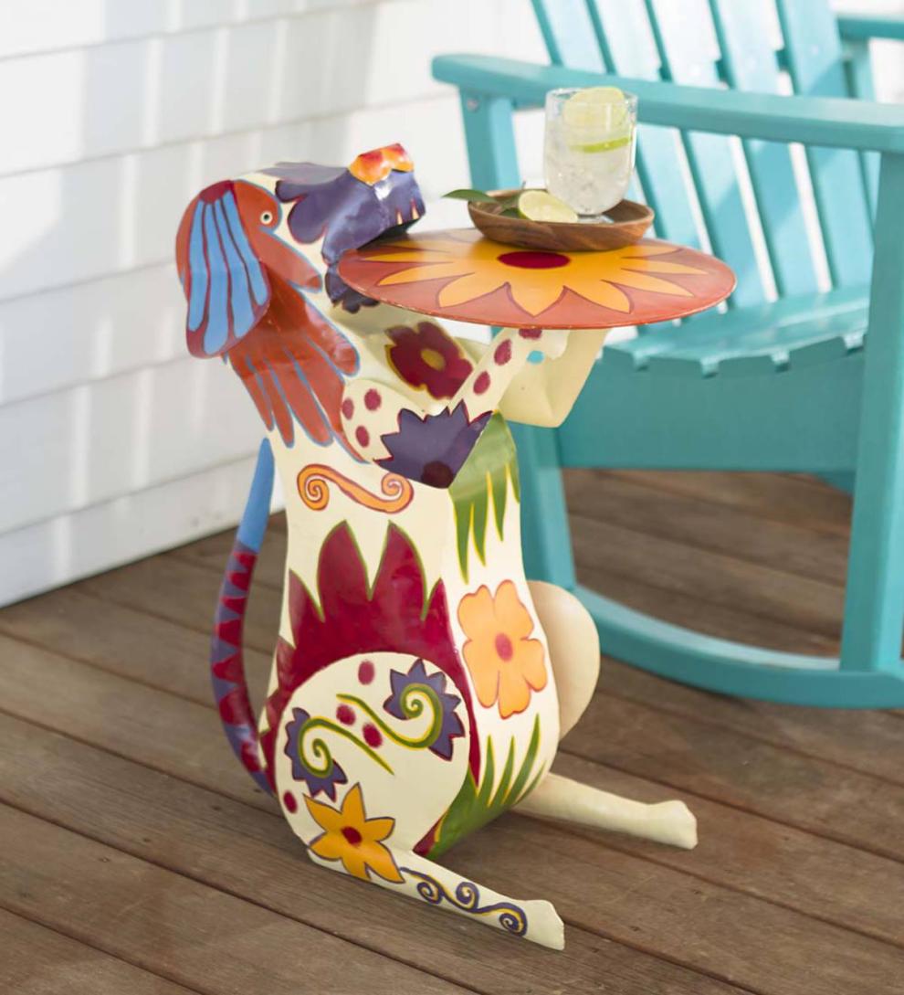 Plow & Hearth Accent Tables Indoor Living Handmade Colorful Painted Folk Art Metal Dog Side Table