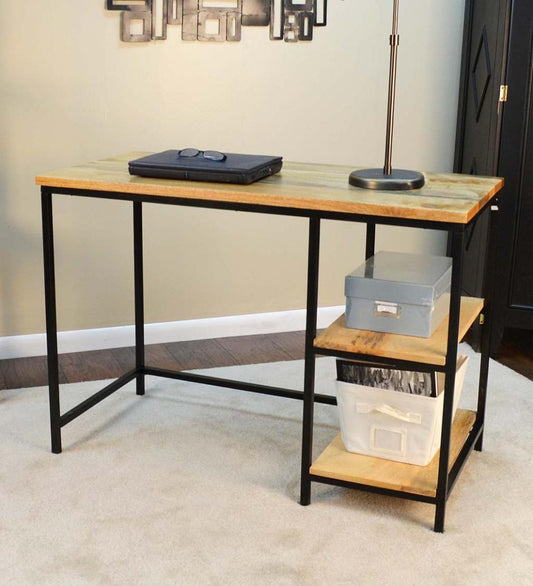 Plow & Hearth Accent Tables Indoor Living Industrial-Style Wood And Metal Desk With Shelves - Chestnut