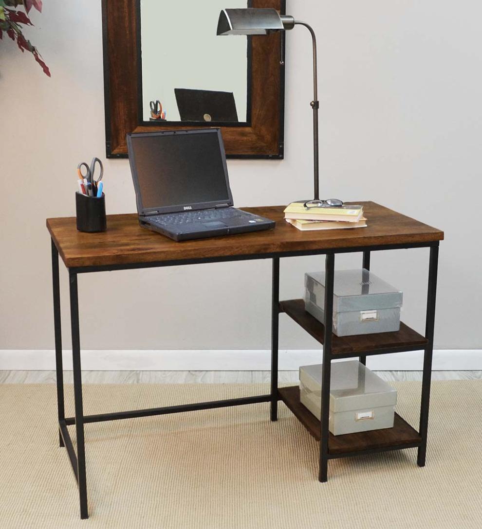 Plow & Hearth Accent Tables Indoor Living Industrial-Style Wood And Metal Desk With Shelves - Chestnut