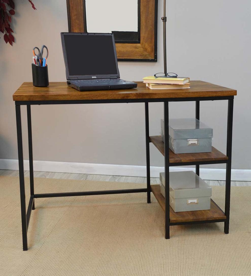 Plow & Hearth Accent Tables Indoor Living Industrial-Style Wood And Metal Desk With Shelves - Chestnut