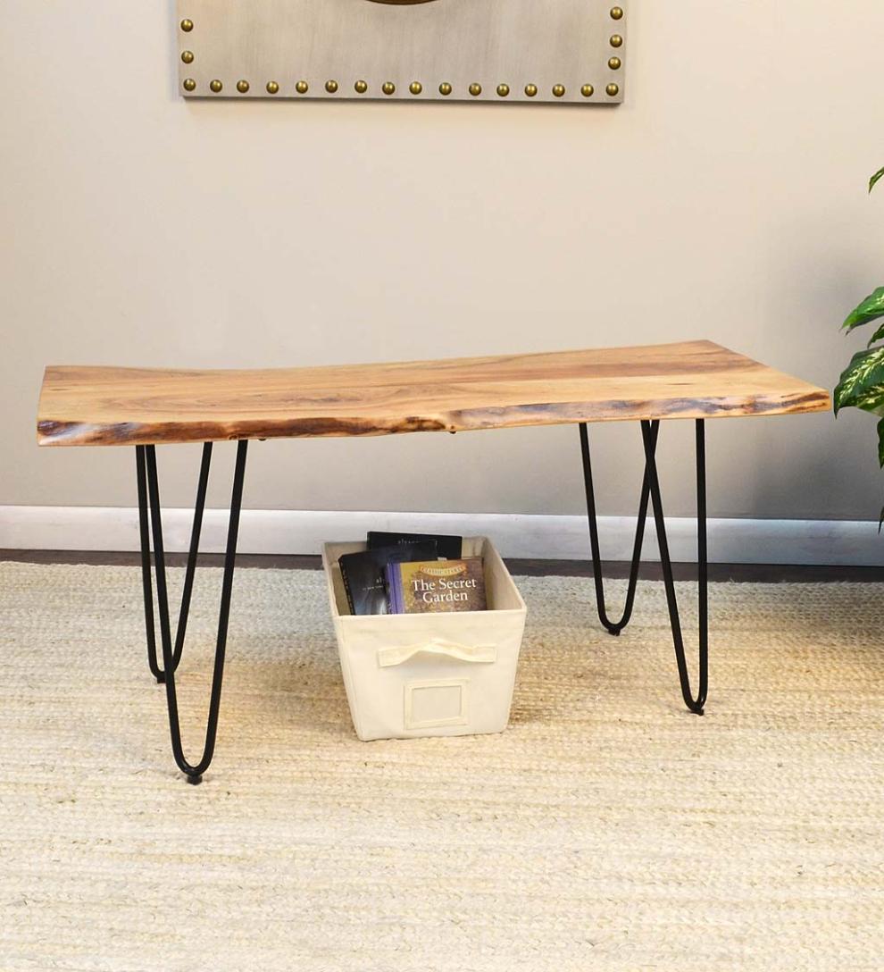 Plow & Hearth Accent Tables Indoor Living Live Edge Acacia Wood Bench/Table With Hairpin Legs - Black