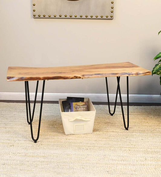 Plow & Hearth Accent Tables Indoor Living Live Edge Acacia Wood Bench/Table With Hairpin Legs - Black
