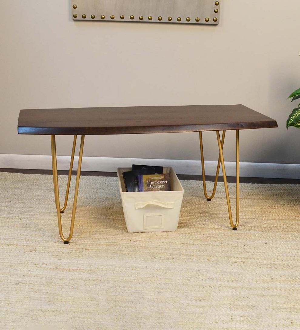 Plow & Hearth Accent Tables Indoor Living Live Edge Acacia Wood Bench/Table With Hairpin Legs - Black