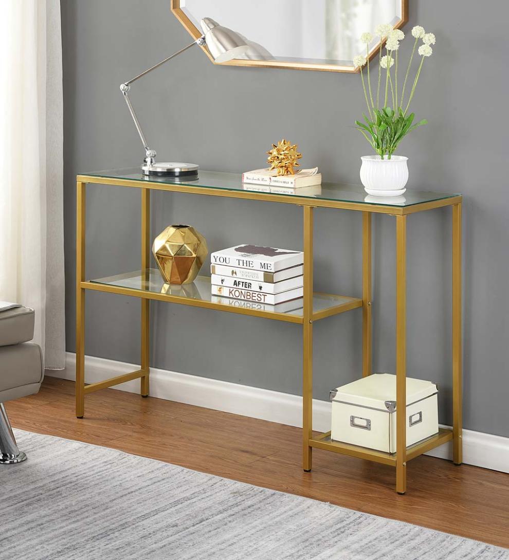 Plow & Hearth Accent Tables Indoor Living Multi-Functional Tempered Glass Console Table With Shelves - Gold