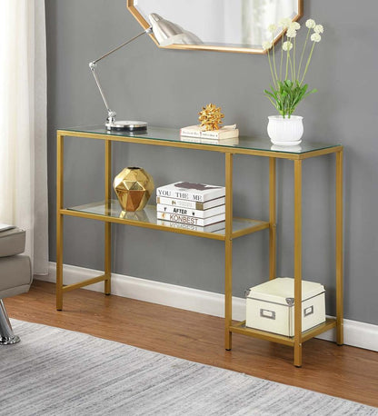 Plow & Hearth Accent Tables Indoor Living Multi-Functional Tempered Glass Console Table With Shelves - Gold
