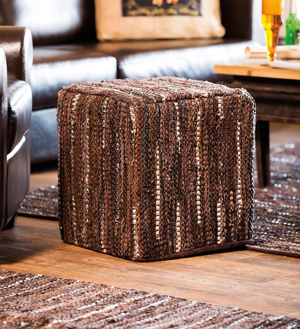 Plow & Hearth Accent Tables Indoor Living Patterned Leather Pouf Ottoman - Brown