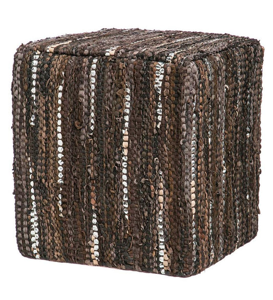 Plow & Hearth Accent Tables Indoor Living Patterned Leather Pouf Ottoman - Brown