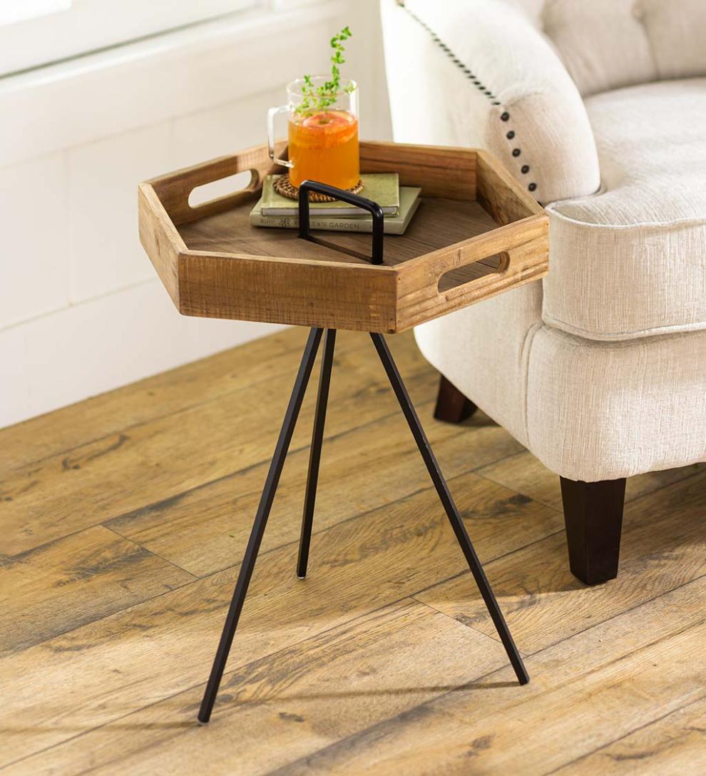 Plow & Hearth Accent Tables Indoor Living Rowan Ridge Reclaimed Wood Hexagon Table With Removable Tray