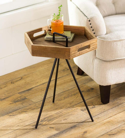 Plow & Hearth Accent Tables Indoor Living Rowan Ridge Reclaimed Wood Hexagon Table With Removable Tray