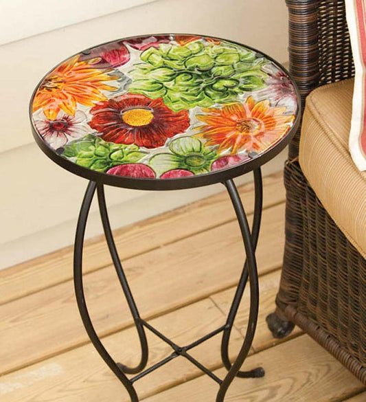 Plow & Hearth Accent Tables Indoor Living Summer Splash Floral Round Accent Table