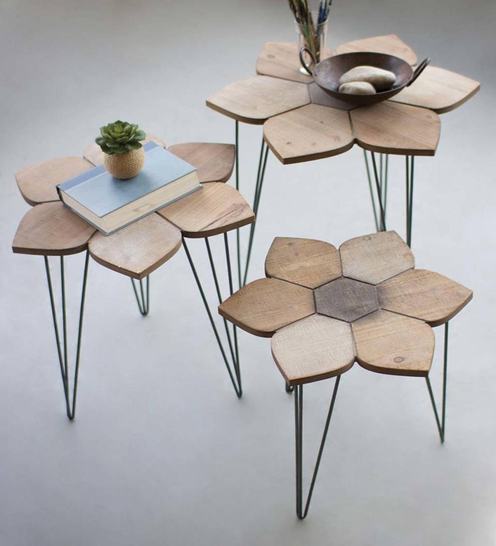 Plow & Hearth Accent Tables Indoor Living Wood Flower Top Nesting Tables, Set Of 3
