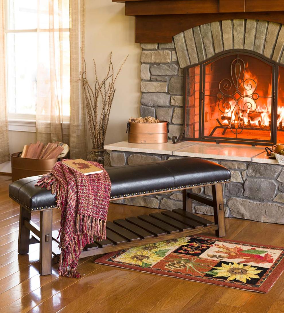 Plow & Hearth Bedroom Furniture Indoor Living Canyon Black Leather And Wood Bench With Slatted Bottom Shelf - Black