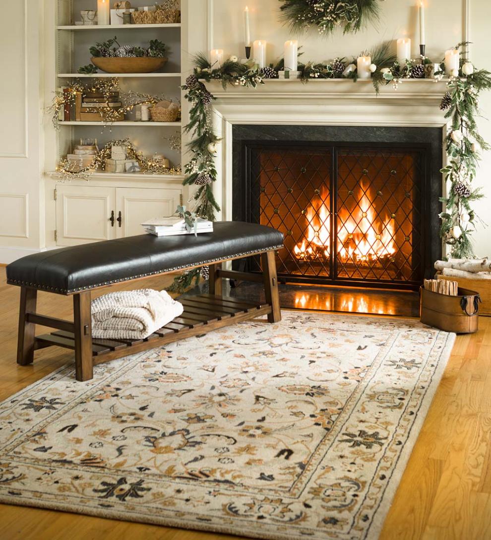 Plow & Hearth Bedroom Furniture Indoor Living Canyon Black Leather And Wood Bench With Slatted Bottom Shelf - Black