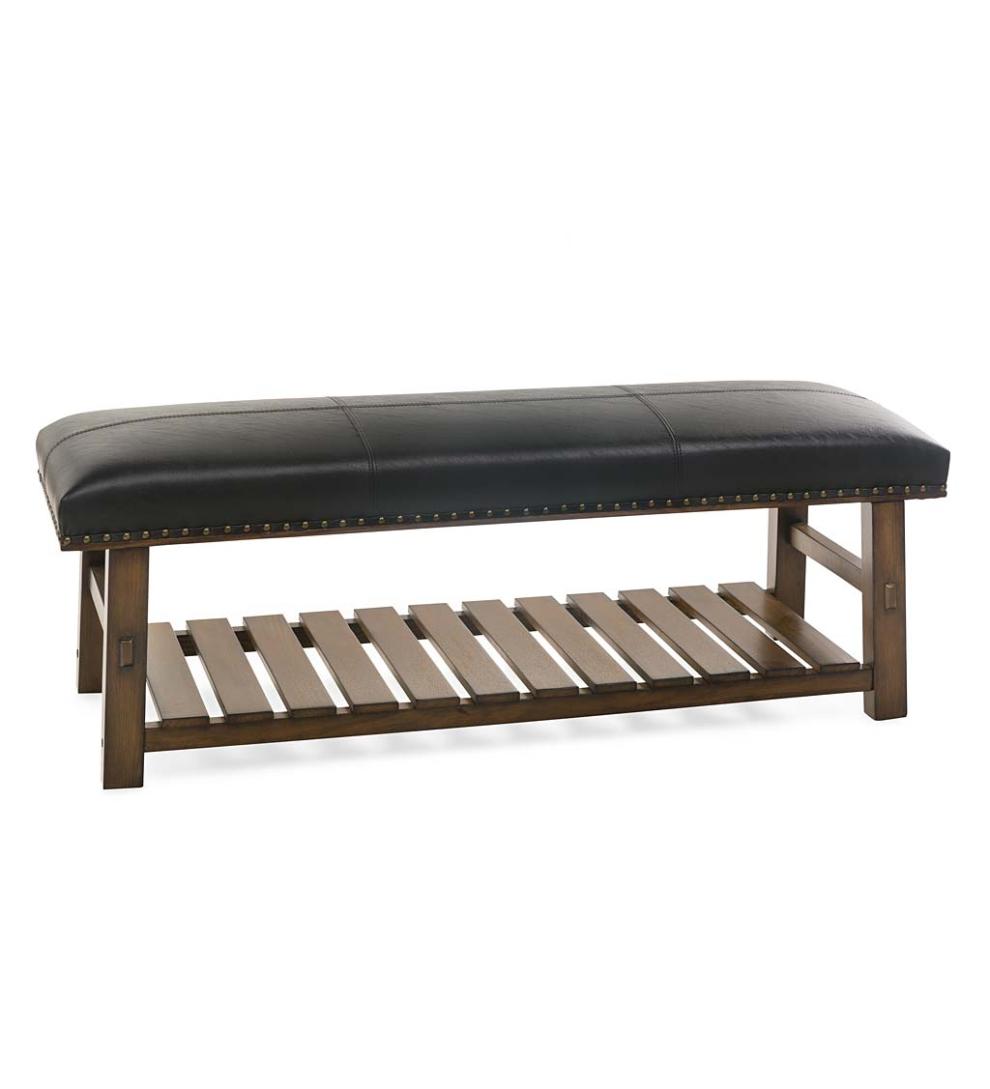 Plow & Hearth Bedroom Furniture Indoor Living Canyon Black Leather And Wood Bench With Slatted Bottom Shelf - Black