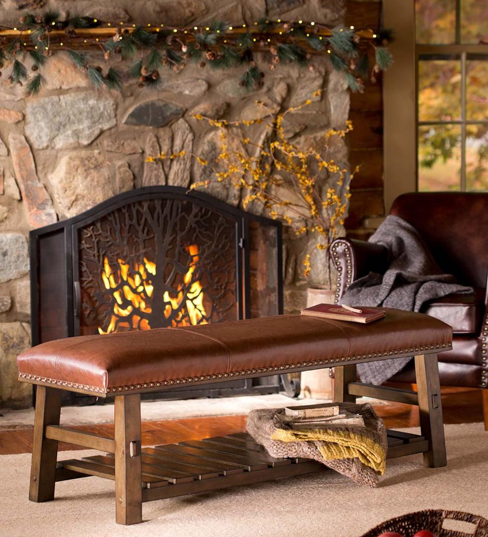 Plow & Hearth Bedroom Furniture Indoor Living Canyon Brown Leather And Wood Bench With Slatted Bottom Shelf