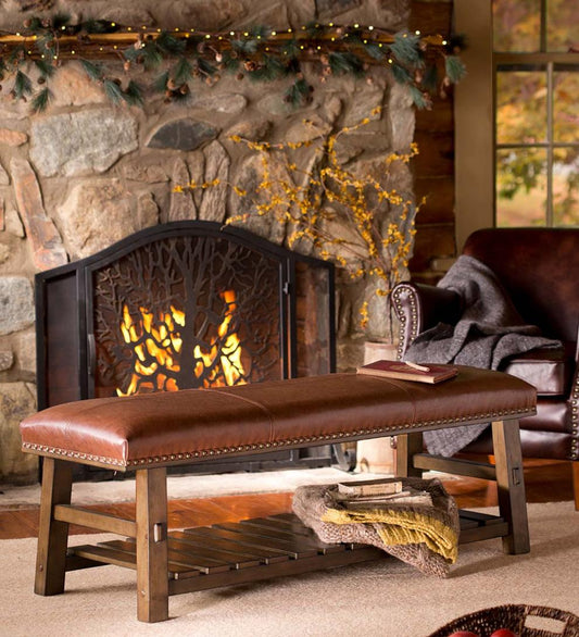 Plow & Hearth Bedroom Furniture Indoor Living Canyon Brown Leather And Wood Bench With Slatted Bottom Shelf